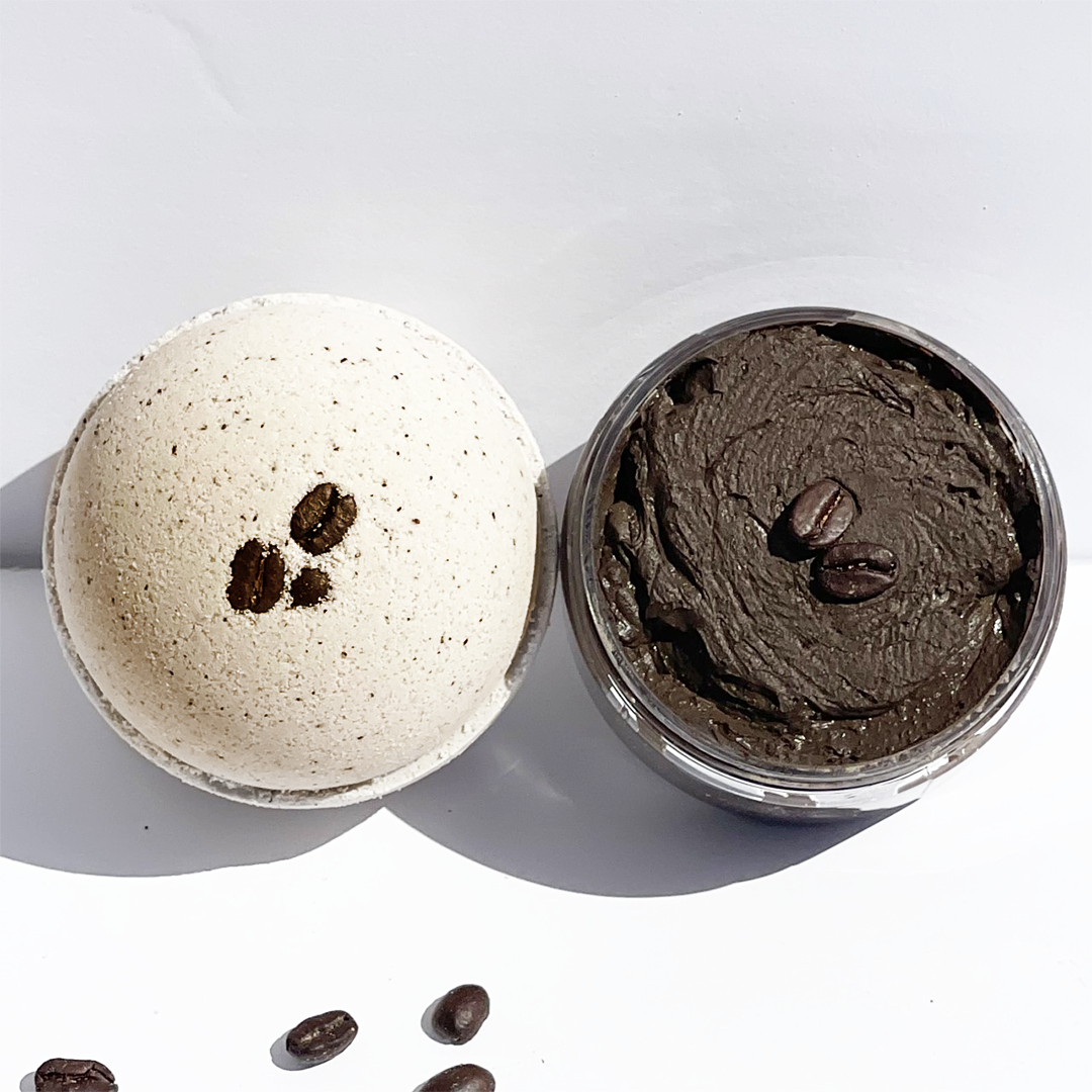 Cappuccino and Coffee Bean Bath Bomb, 8 oz, featuring natural coffee grounds and a rich cappuccino scent, perfect for a relaxing bath.