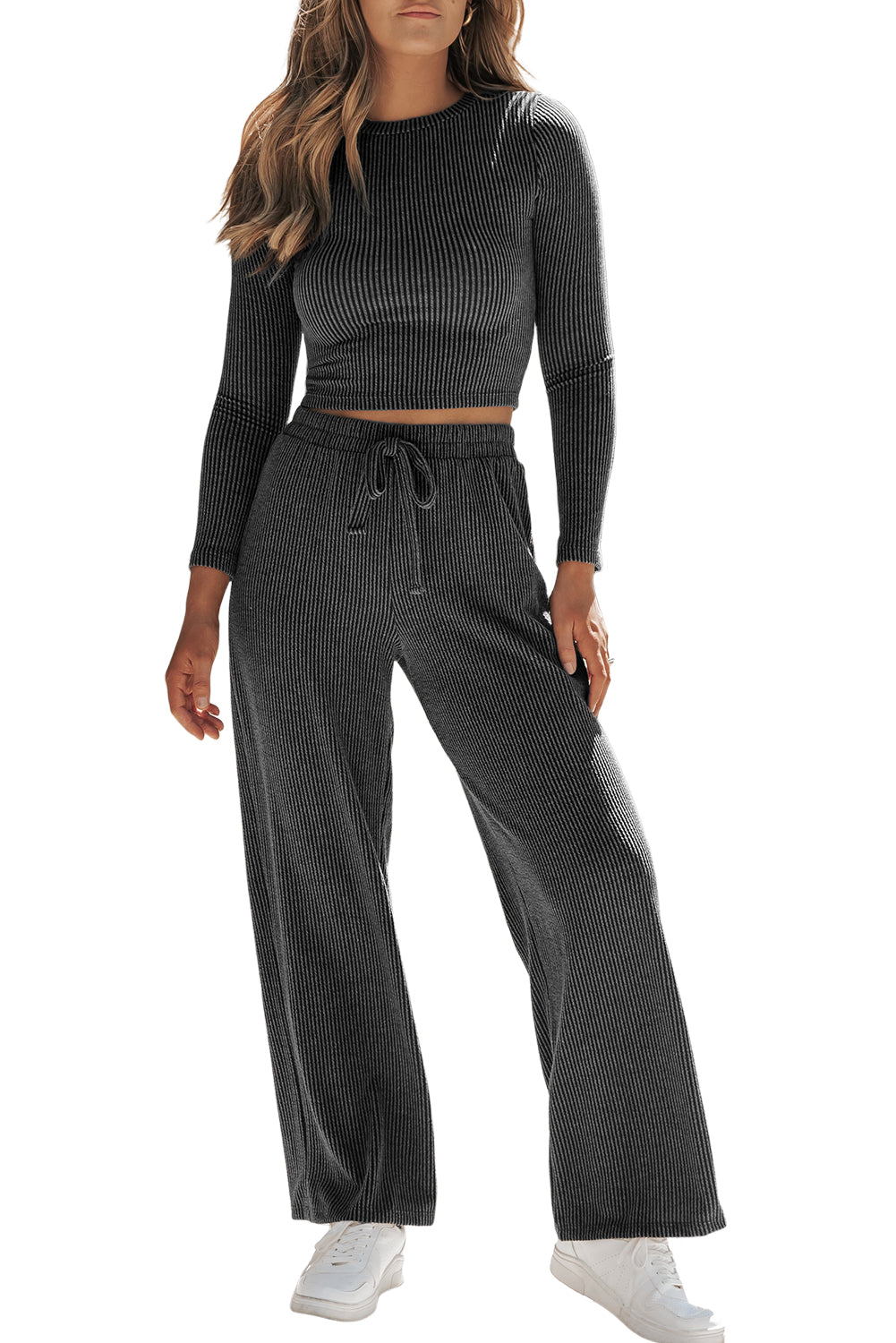 Carbon grey corded long sleeve top and wide leg pants set displayed on a mannequin, showcasing its relaxed fit and stylish design.