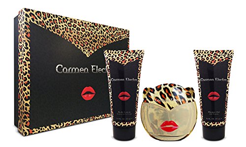 Carmen Electra Rrrr! Gift Set featuring 100ml EDP, 150ml shower gel, and 150ml body lotion in elegant packaging.