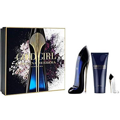 Carolina Herrera Good Girl Gift Set featuring 80ml EDP, 100ml body lotion, and 7ml EDP in elegant packaging.