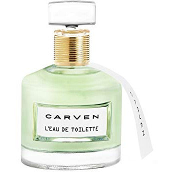 Carven L'Eau de Toilette Eau de Toilette bottle elegantly displayed with a floral background.