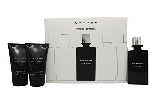 Carven Pour Homme Gift Set featuring 50ml EDT and 100ml aftershave balm in elegant packaging.