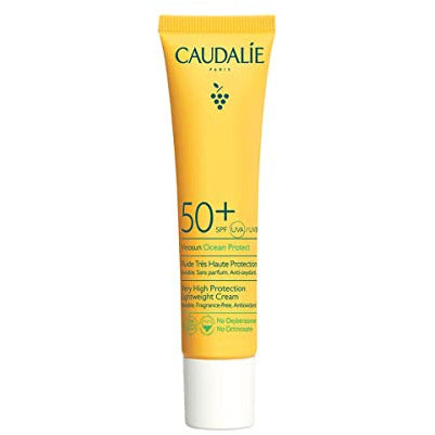 Caudalie Vinosun Very High Protection Lightweight Cream SPF50+ in a 40ml tube, showcasing its elegant packaging and lightweight texture.