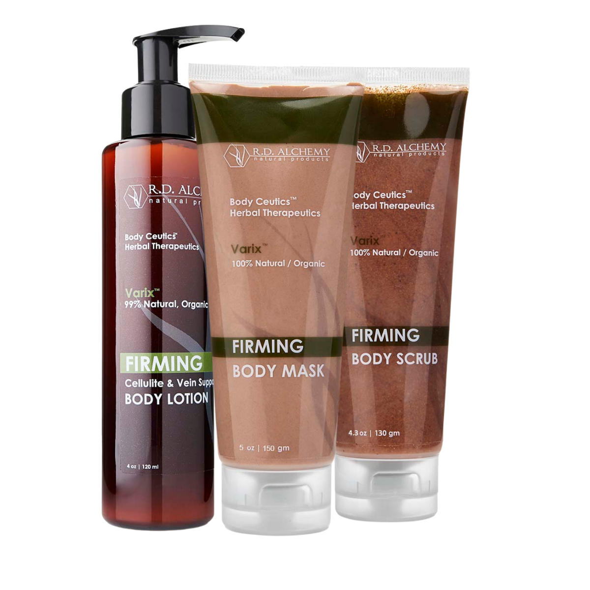 Cellulite Firming Set featuring three skincare products designed to reduce cellulite, smooth crepey skin, and minimize spider veins.