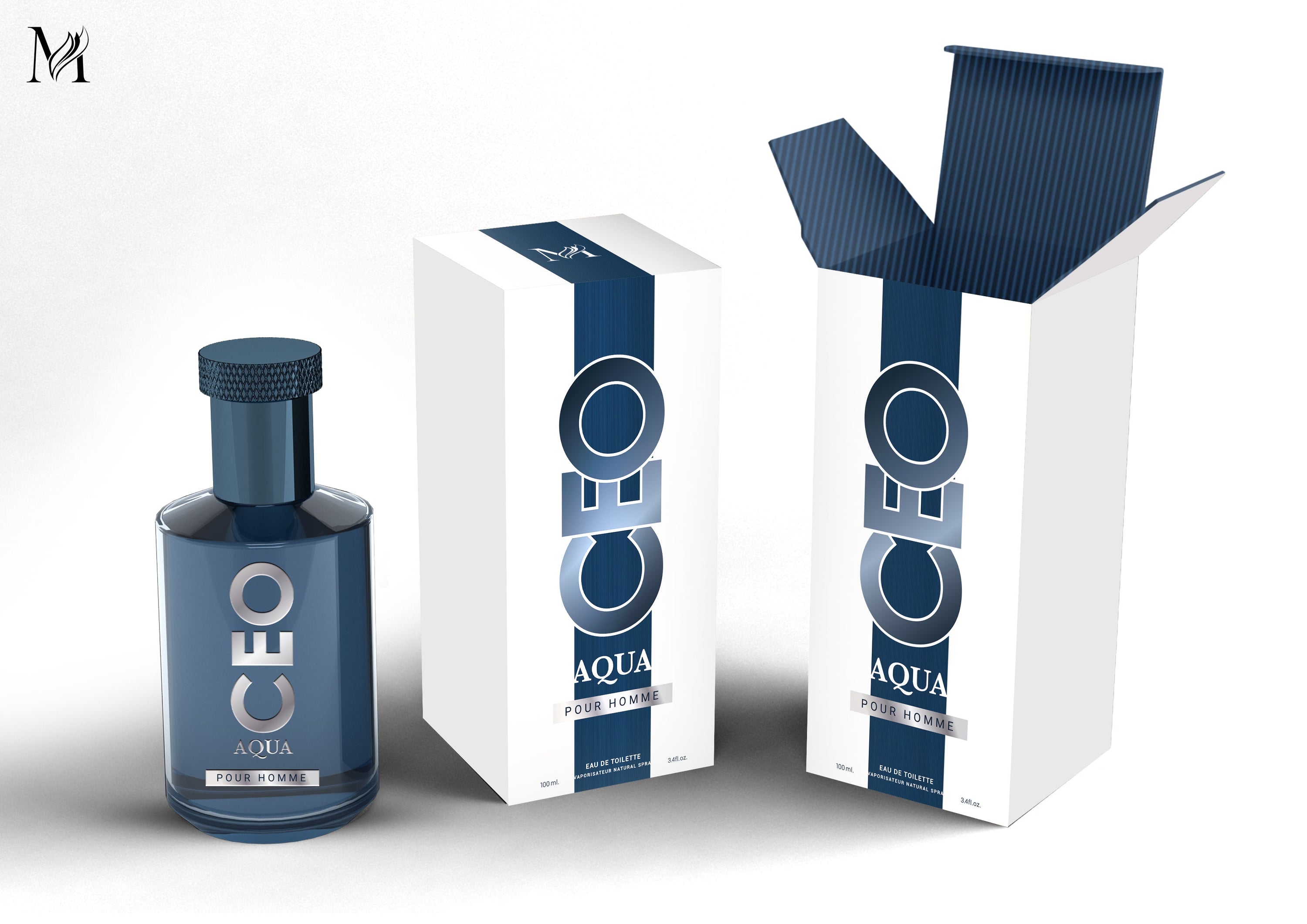 CEO Aqua for Men Eau de Toilette spray bottle, 3.4oz, featuring a sleek design and vibrant blue accents.