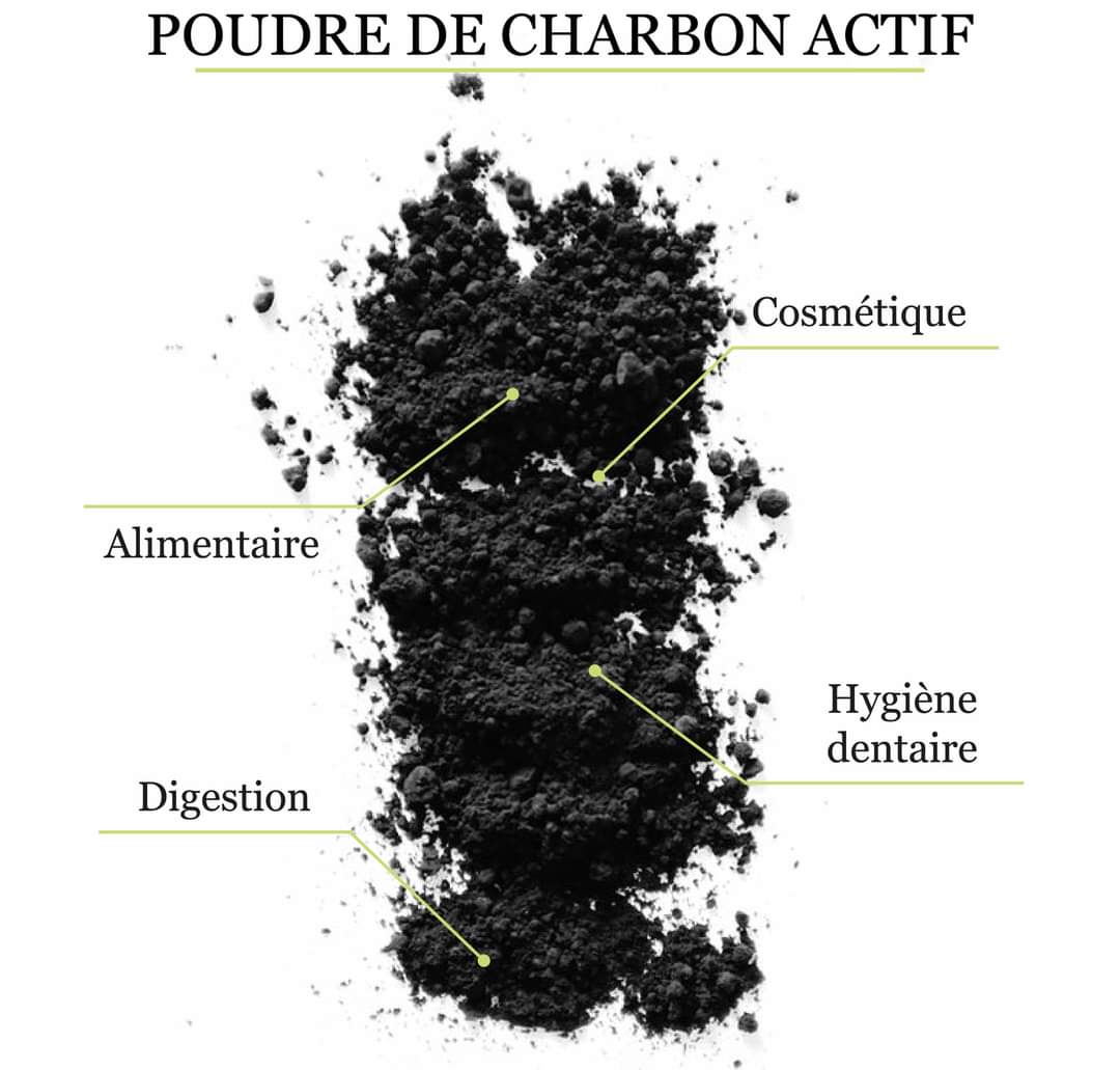 Poudre de charbon végétal actif français BIO en sachet de 50g, fabriqué à partir de châtaigniers durables.