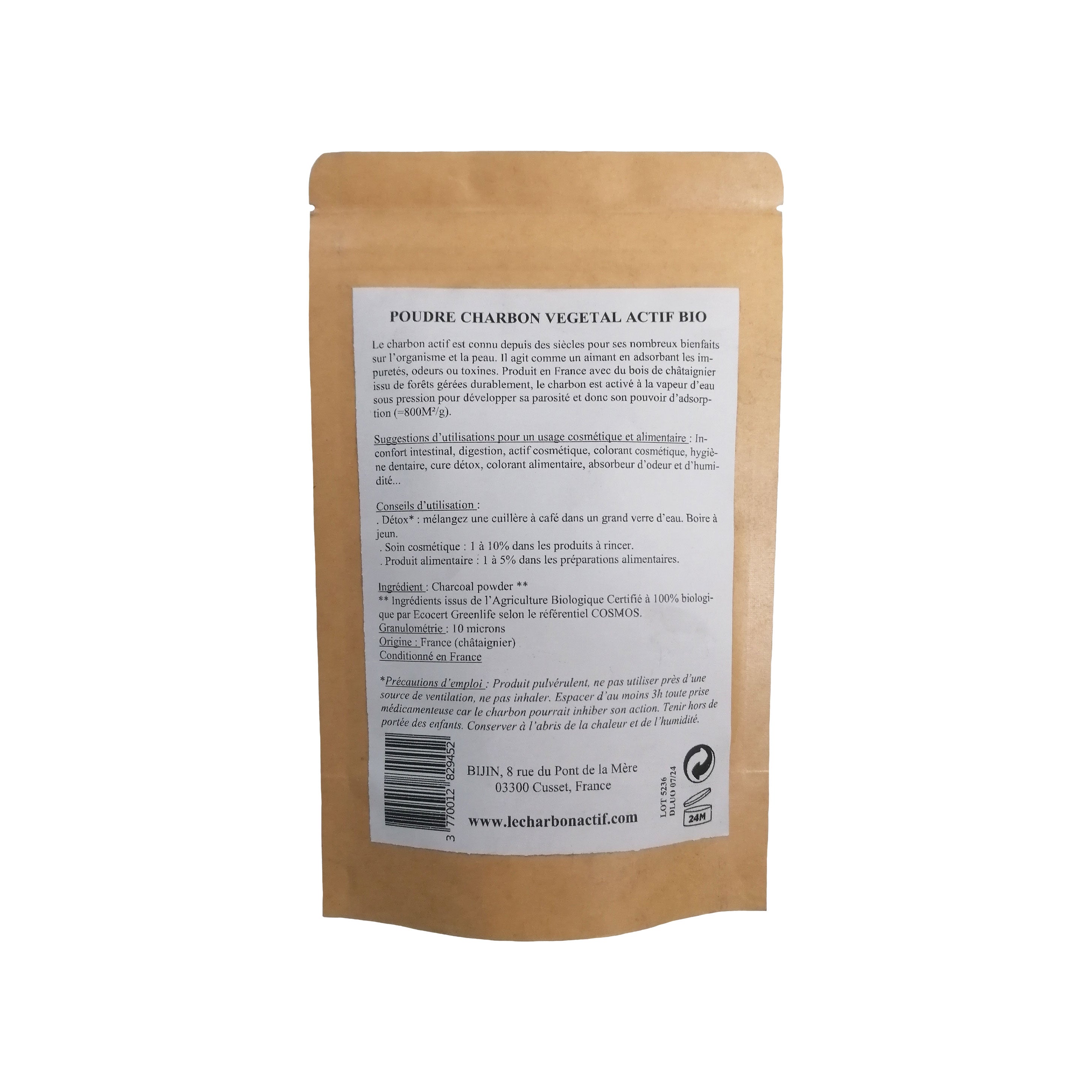 Poudre de charbon végétal actif français BIO en sachet de 50g, fabriqué à partir de châtaigniers durables.