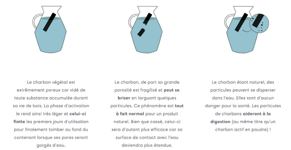 Bâton filtrant en charbon végétal actif Français, fabriqué à partir de chêne et hêtre, idéal pour filtrer l'eau du robinet.