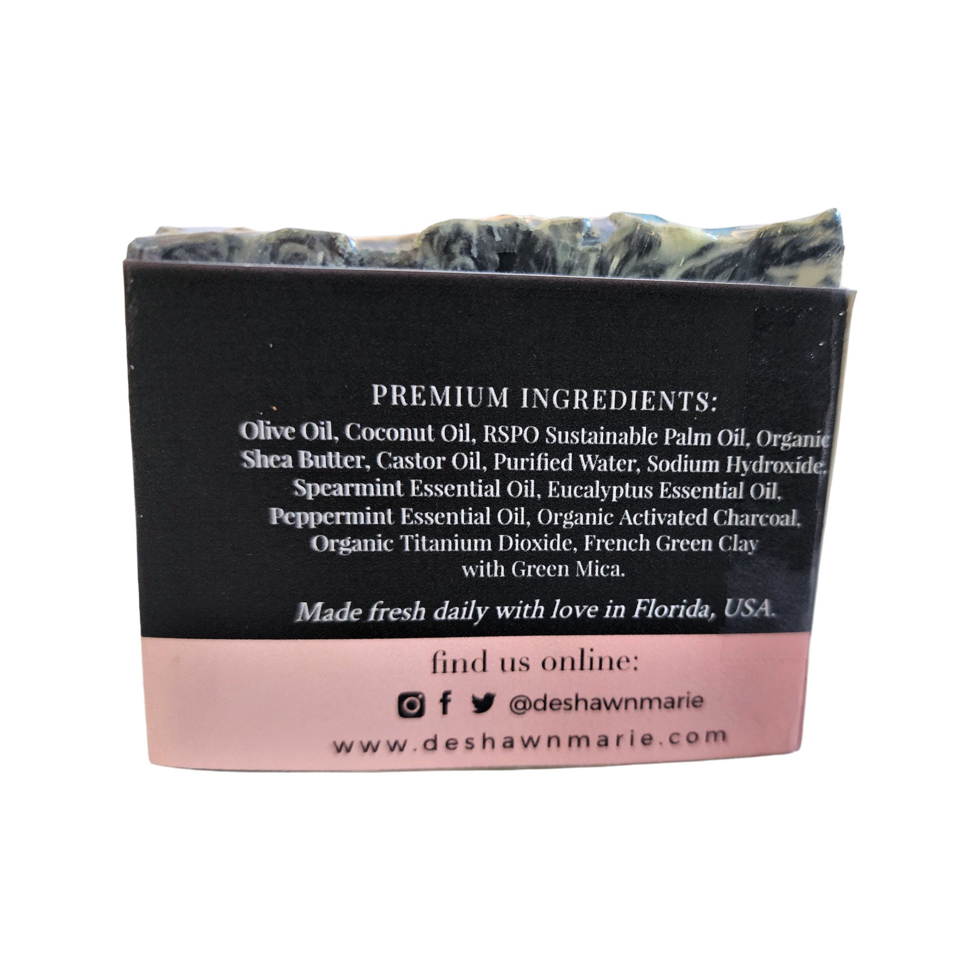 Charcoal Mint Soap with seafoam green and charcoal swirls, handcrafted and vegan-friendly.