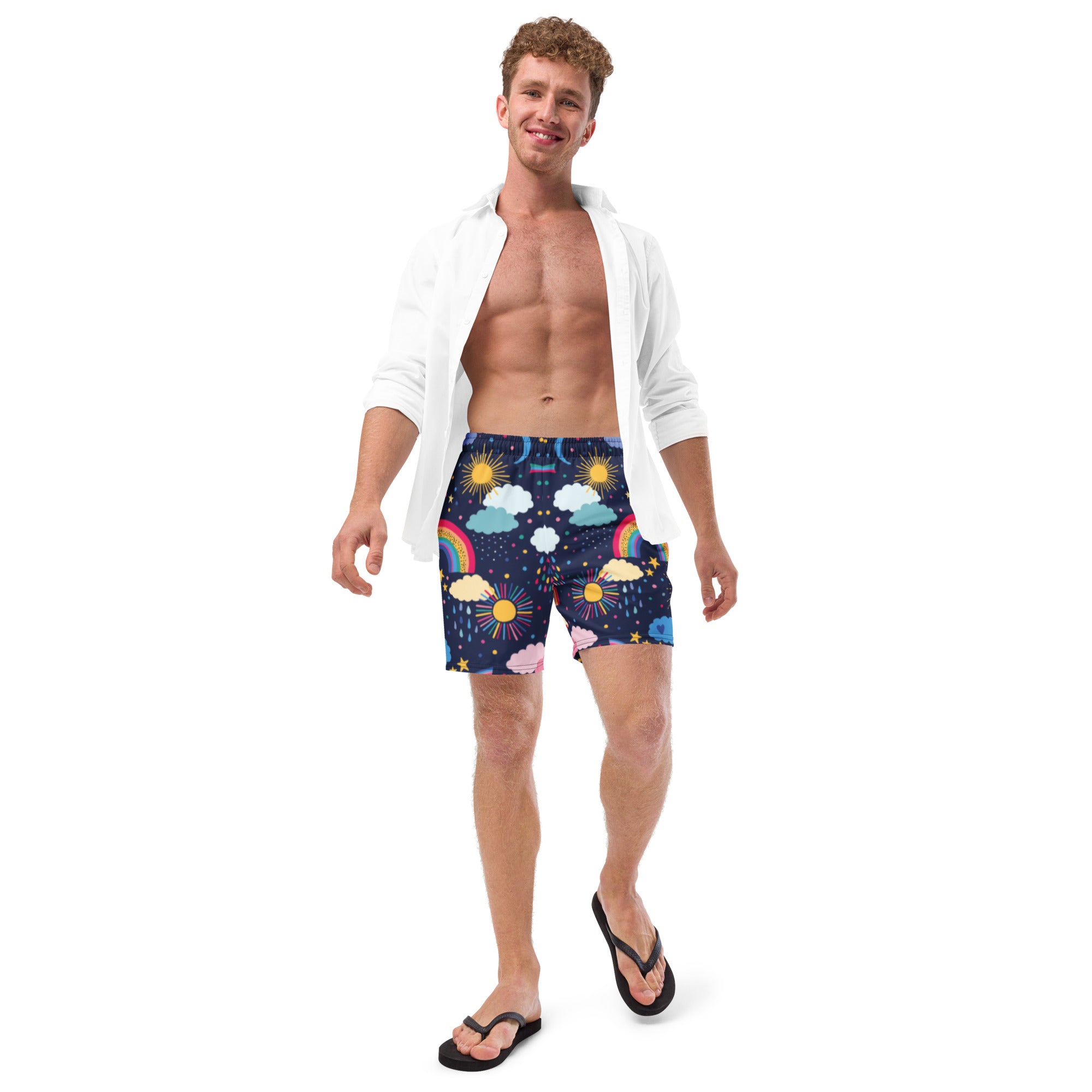 Charlie men's swim trunks in vibrant colors with pockets and anti-chafe inner liner, perfect for summer activities.