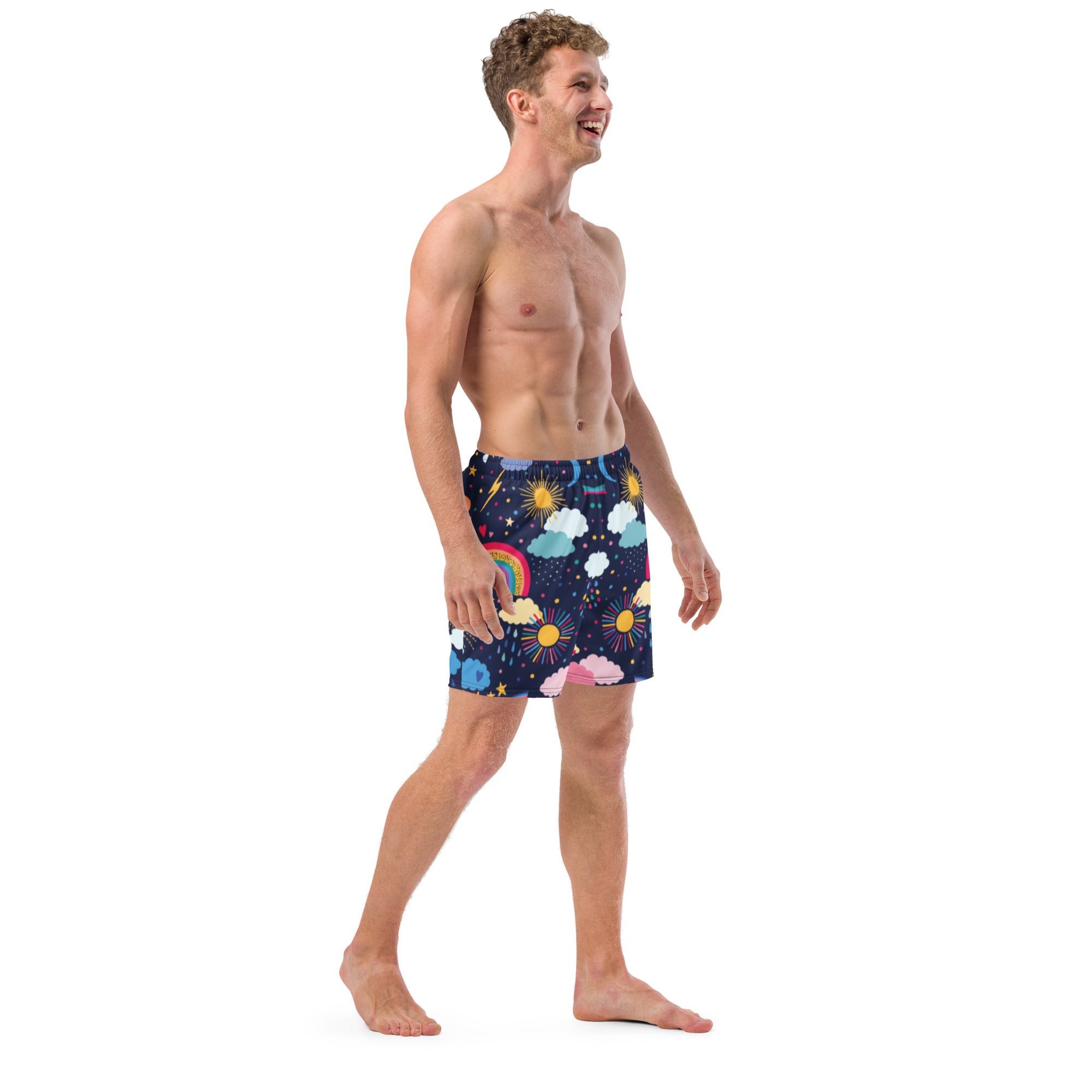 Charlie men's swim trunks in vibrant colors with pockets and anti-chafe inner liner, perfect for summer activities.