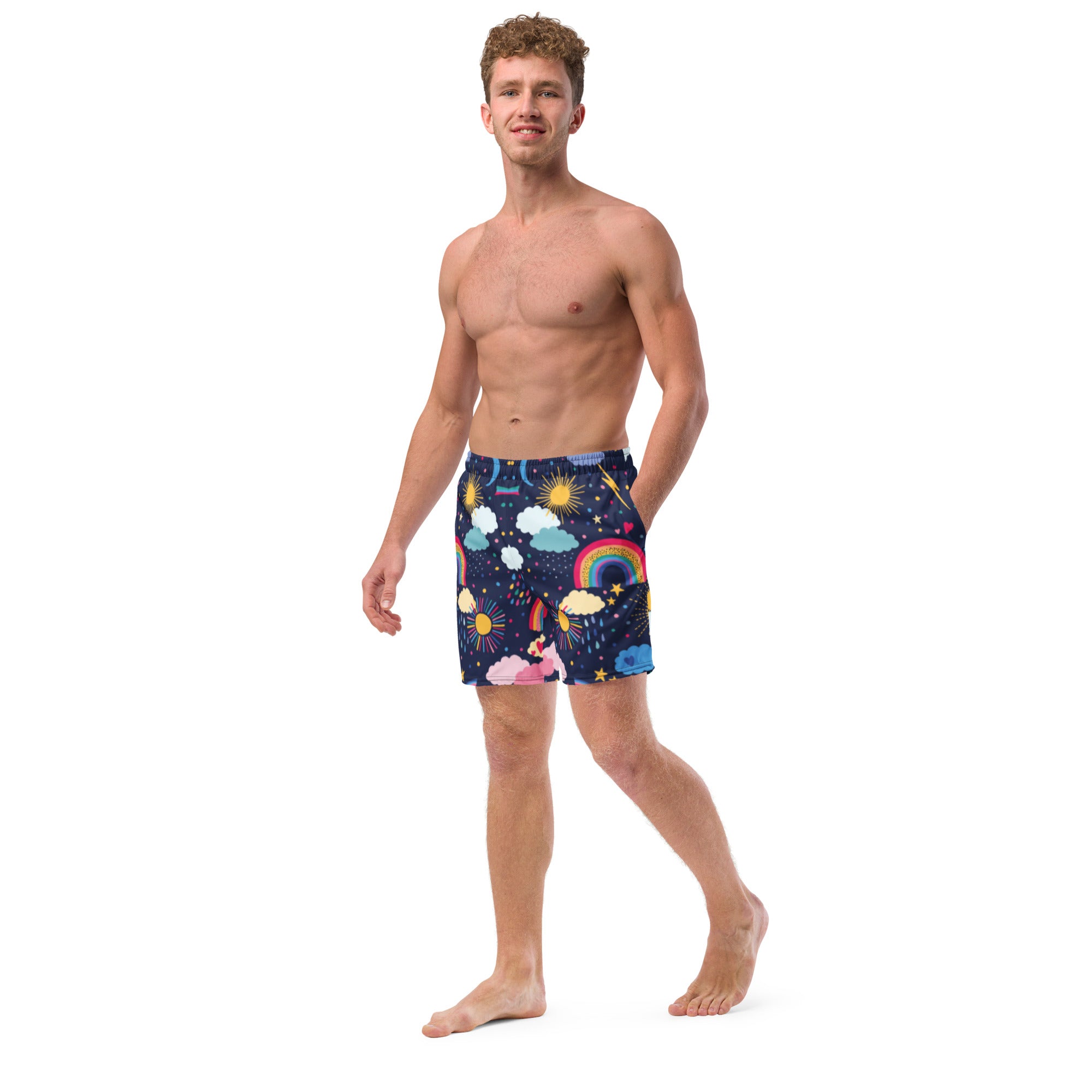 Charlie men's swim trunks in vibrant colors with pockets and anti-chafe inner liner, perfect for summer activities.