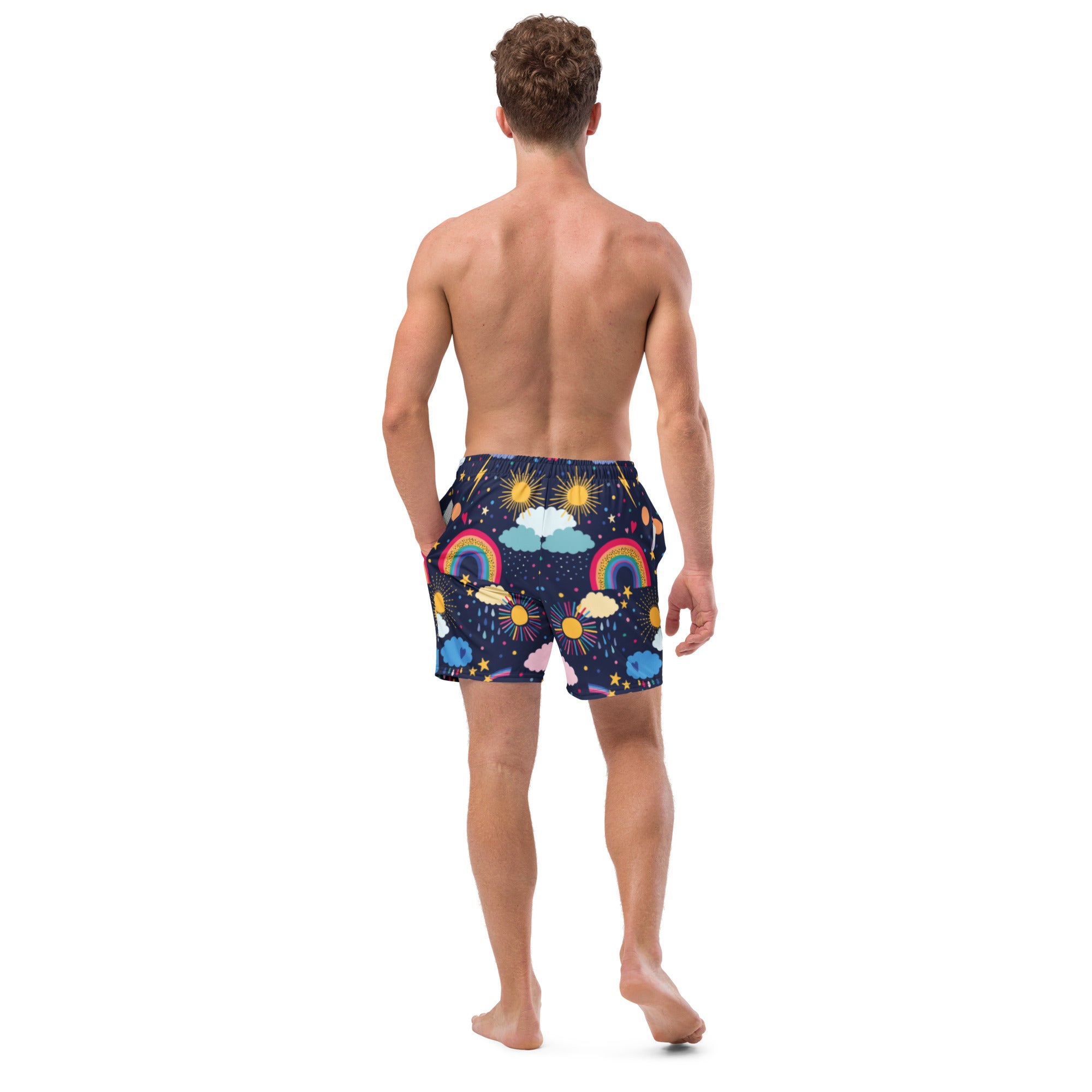 Charlie men's swim trunks in vibrant colors with pockets and anti-chafe inner liner, perfect for summer activities.