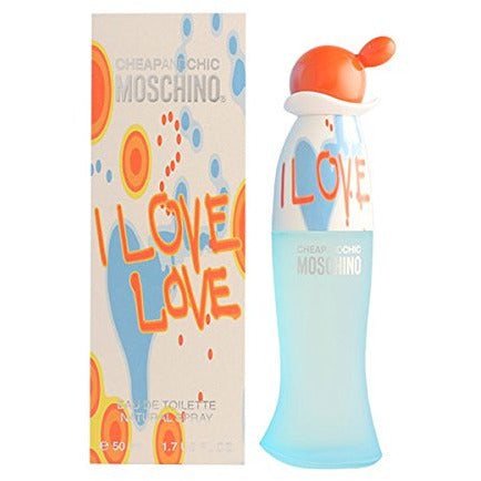 Moschino Cheap & Chic I Love Love Eau de Toilette bottle with vibrant colors and playful design.