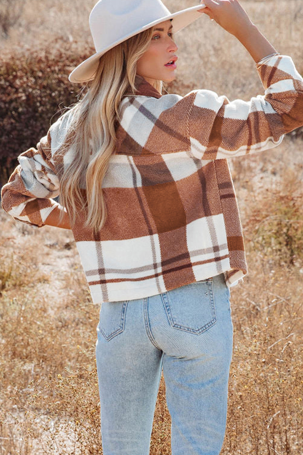 Chestnut Honeycomb Plaid Shacket with flap pockets, featuring a classic plaid pattern and collared neck, perfect for stylish layering.