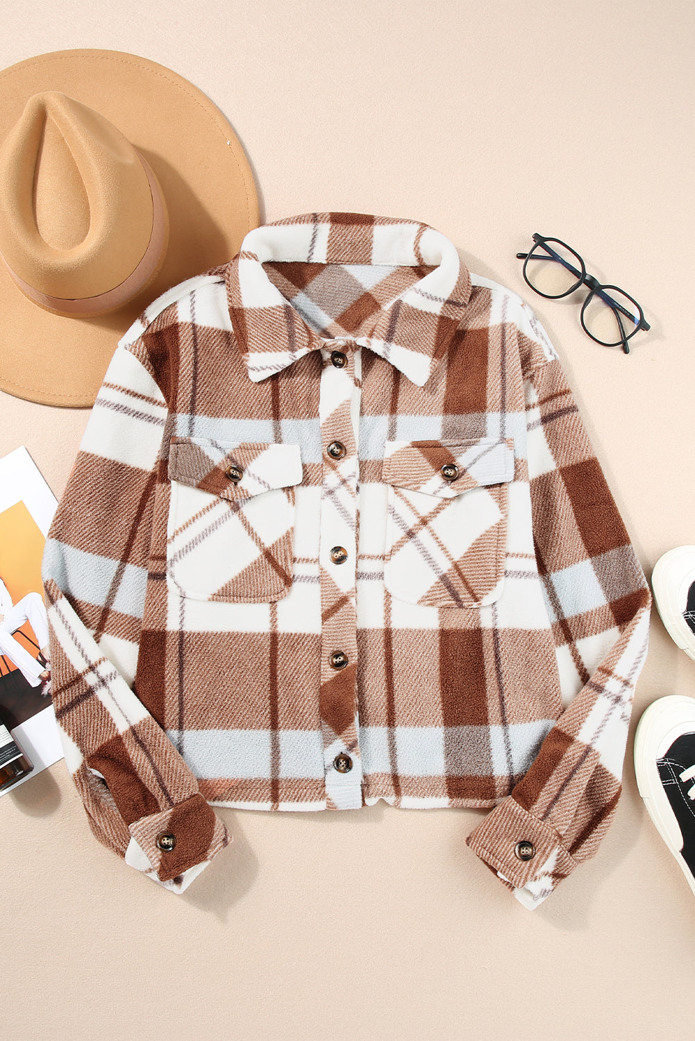 Chestnut Honeycomb Plaid Shacket with flap pockets, featuring a classic plaid pattern and collared neck, perfect for stylish layering.