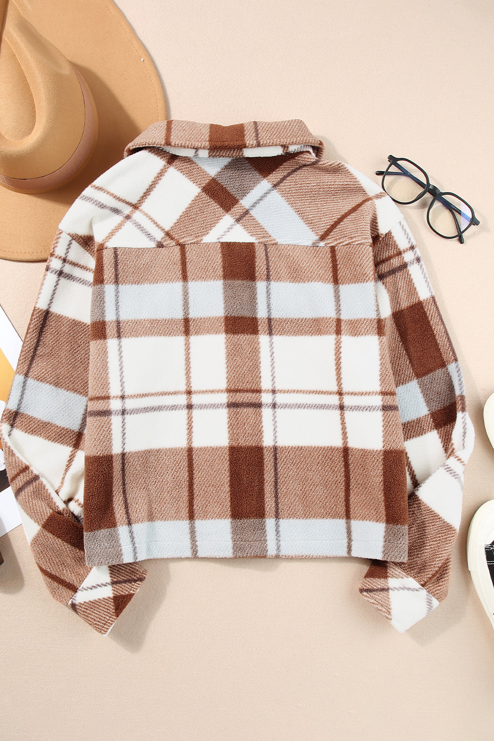 Chestnut Honeycomb Plaid Shacket with flap pockets, featuring a classic plaid pattern and collared neck, perfect for stylish layering.