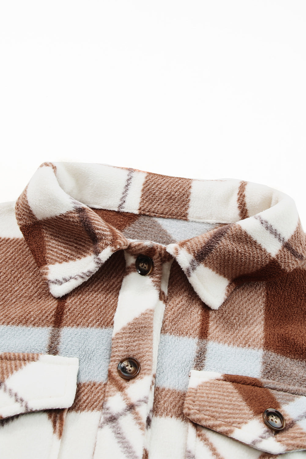 Chestnut Honeycomb Plaid Shacket with flap pockets, featuring a classic plaid pattern and collared neck, perfect for stylish layering.