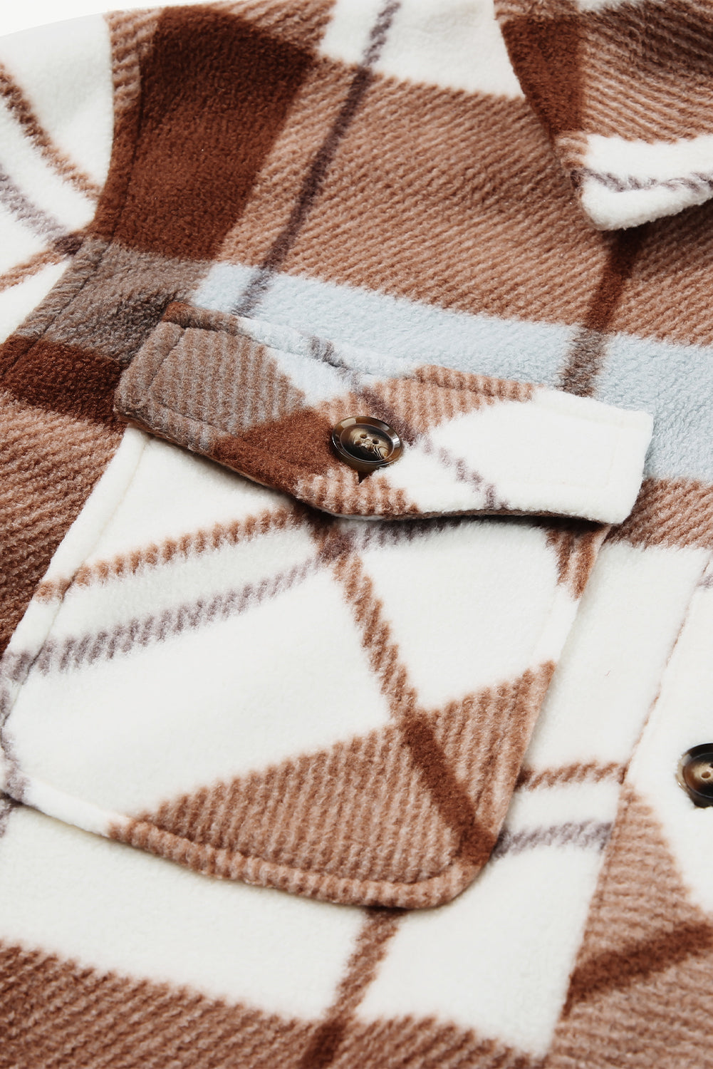 Chestnut Honeycomb Plaid Shacket with flap pockets, featuring a classic plaid pattern and collared neck, perfect for stylish layering.