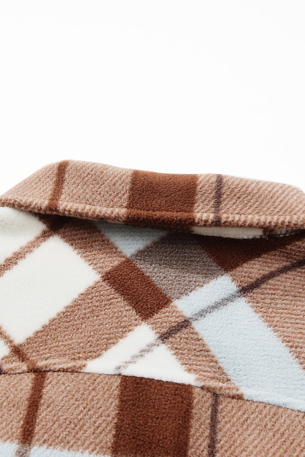 Chestnut Honeycomb Plaid Shacket with flap pockets, featuring a classic plaid pattern and collared neck, perfect for stylish layering.