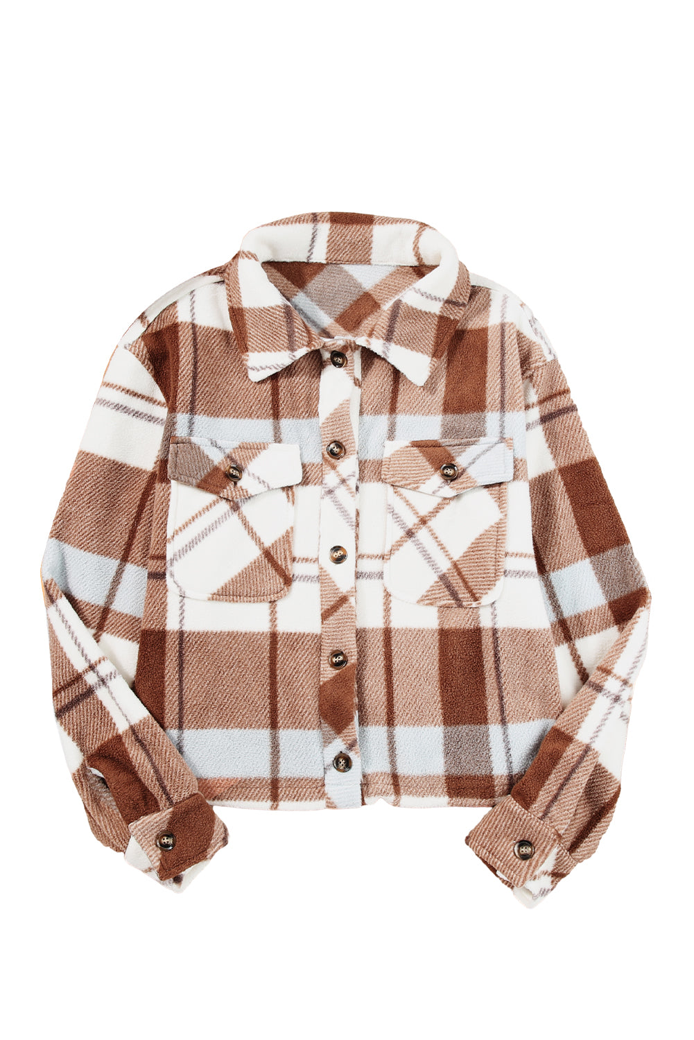 Chestnut Honeycomb Plaid Shacket with flap pockets, featuring a classic plaid pattern and collared neck, perfect for stylish layering.