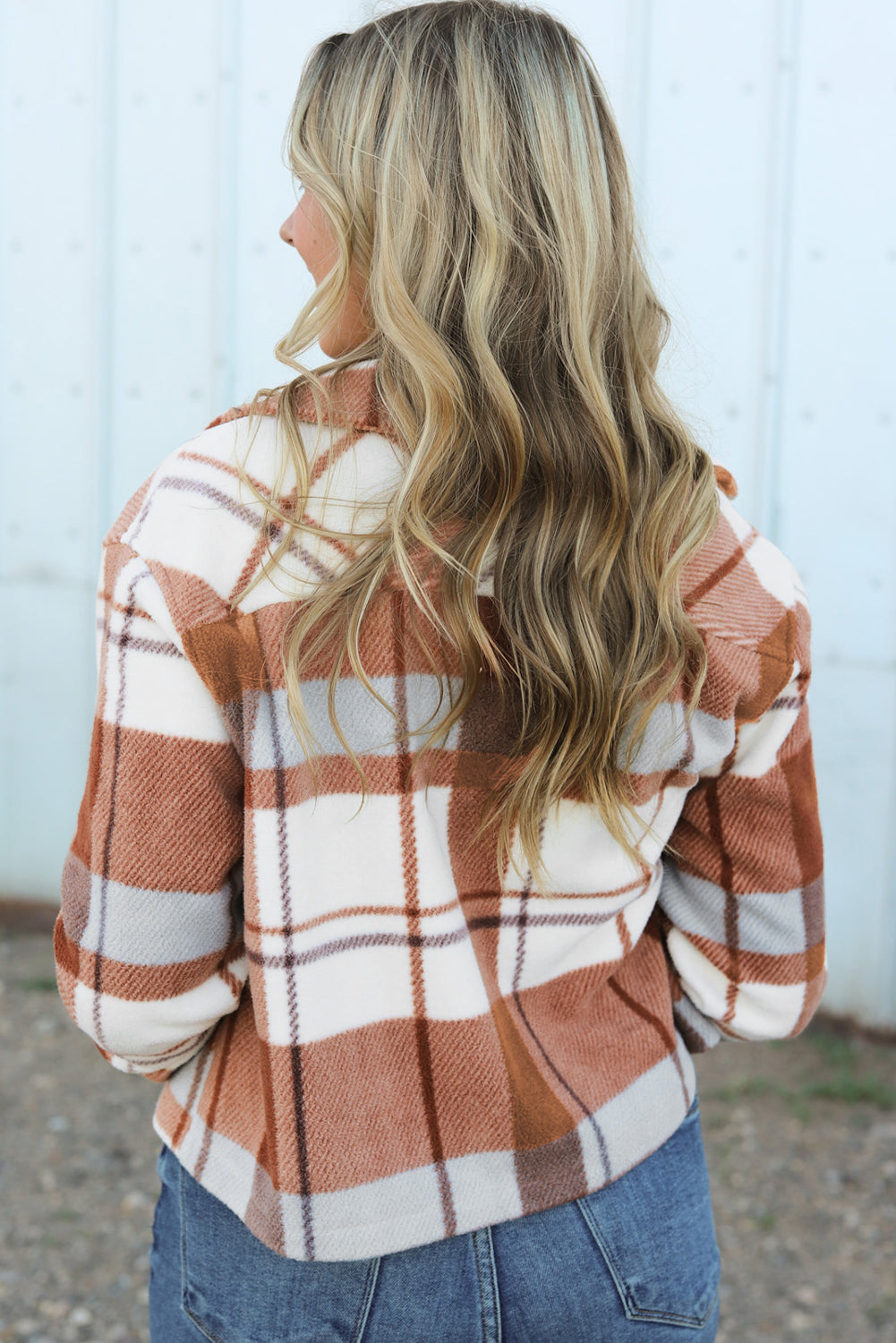 Chestnut Honeycomb Plaid Shacket with flap pockets, featuring a classic plaid pattern and collared neck, perfect for stylish layering.