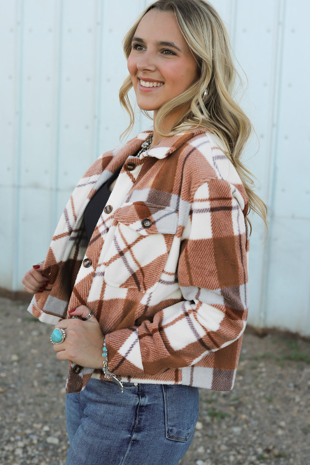 Chestnut Honeycomb Plaid Shacket with flap pockets, featuring a classic plaid pattern and collared neck, perfect for stylish layering.