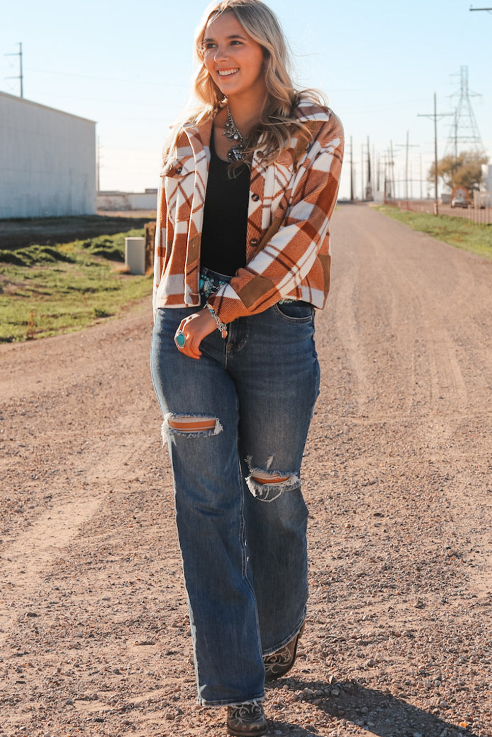 Chestnut Honeycomb Plaid Shacket with flap pockets, featuring a classic plaid pattern and collared neck, perfect for stylish layering.