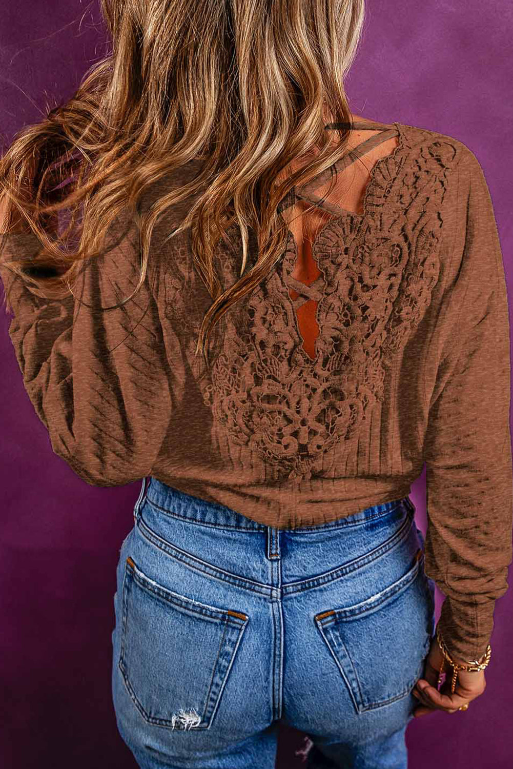 Chestnut Lace-up Crochet Open Back Ribbed Top featuring a ribbed texture and lace-up crochet back design.