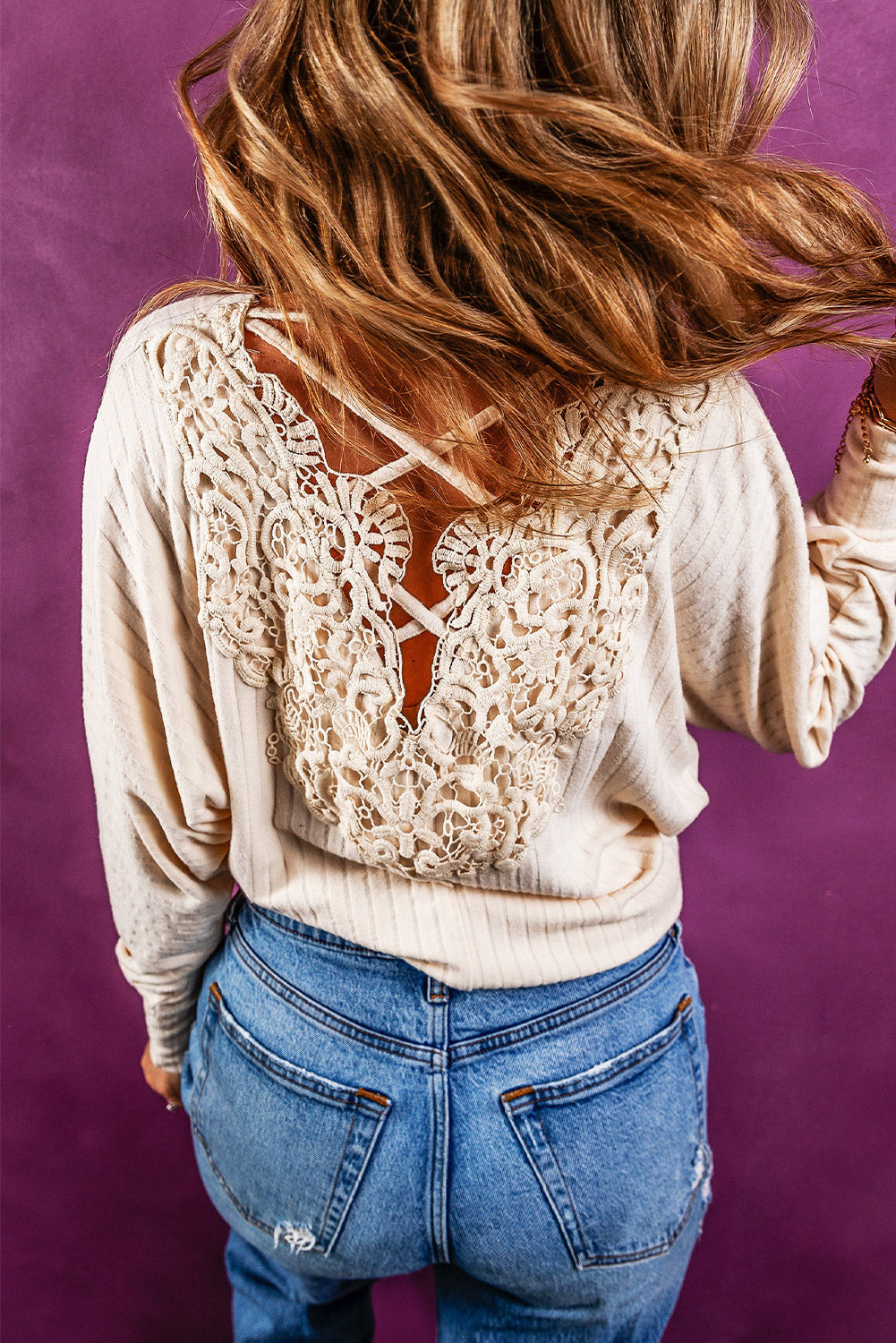 Chestnut Lace-up Crochet Open Back Ribbed Top featuring a ribbed texture and lace-up crochet back design.