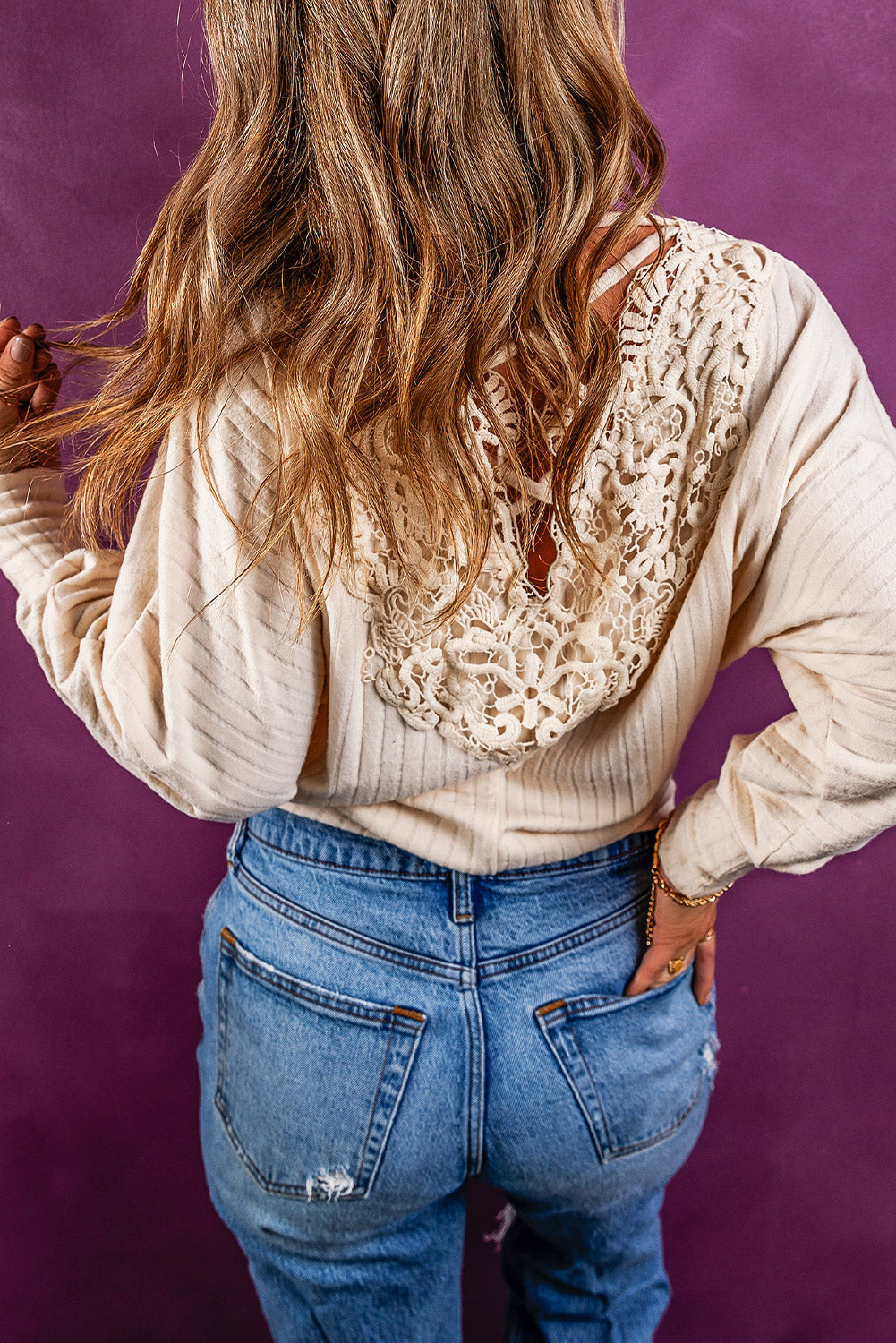 Chestnut Lace-up Crochet Open Back Ribbed Top featuring a ribbed texture and lace-up crochet back design.