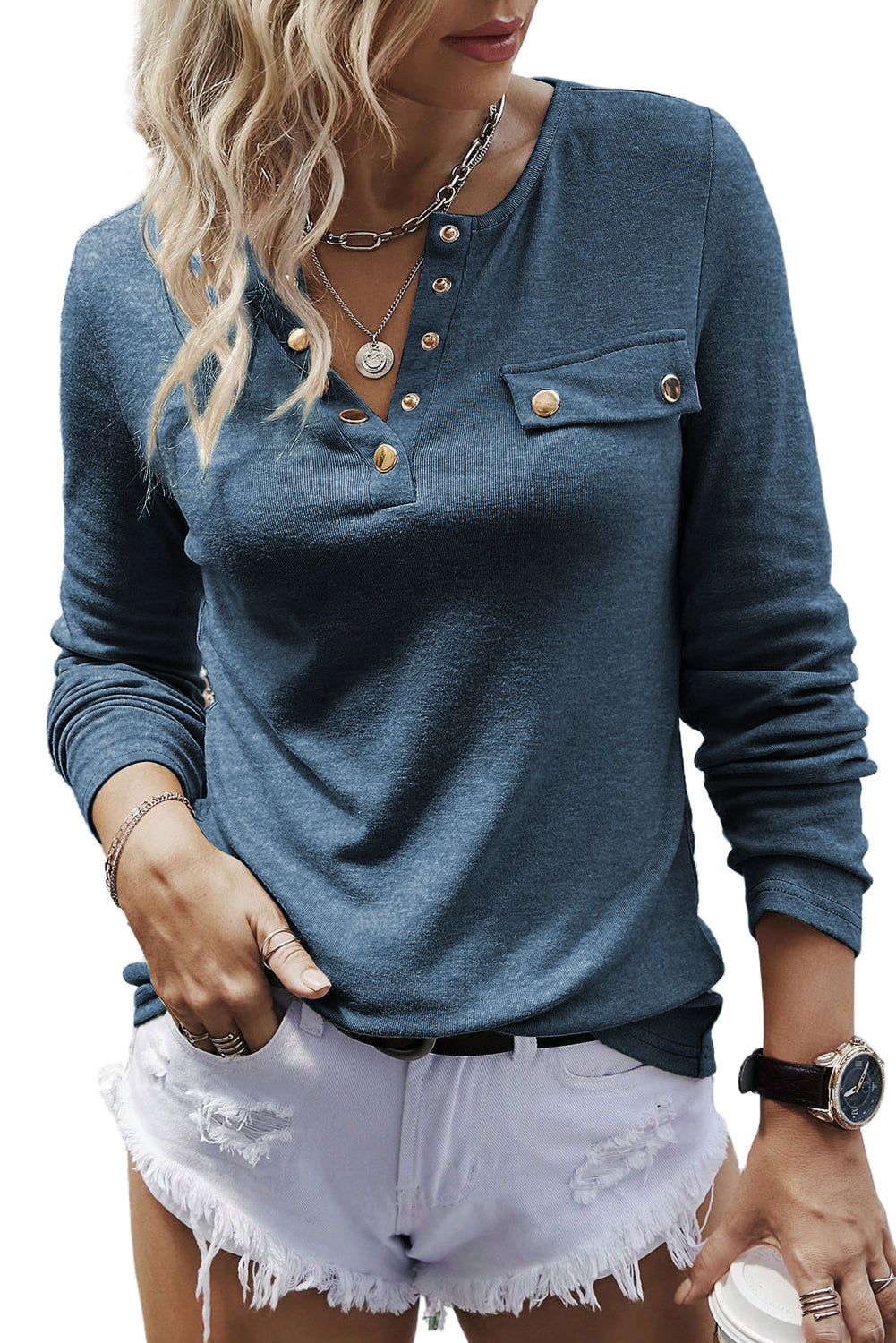 Chestnut Long Sleeve Snap Button Henley Top featuring chic snap buttons and a classic round neck design.