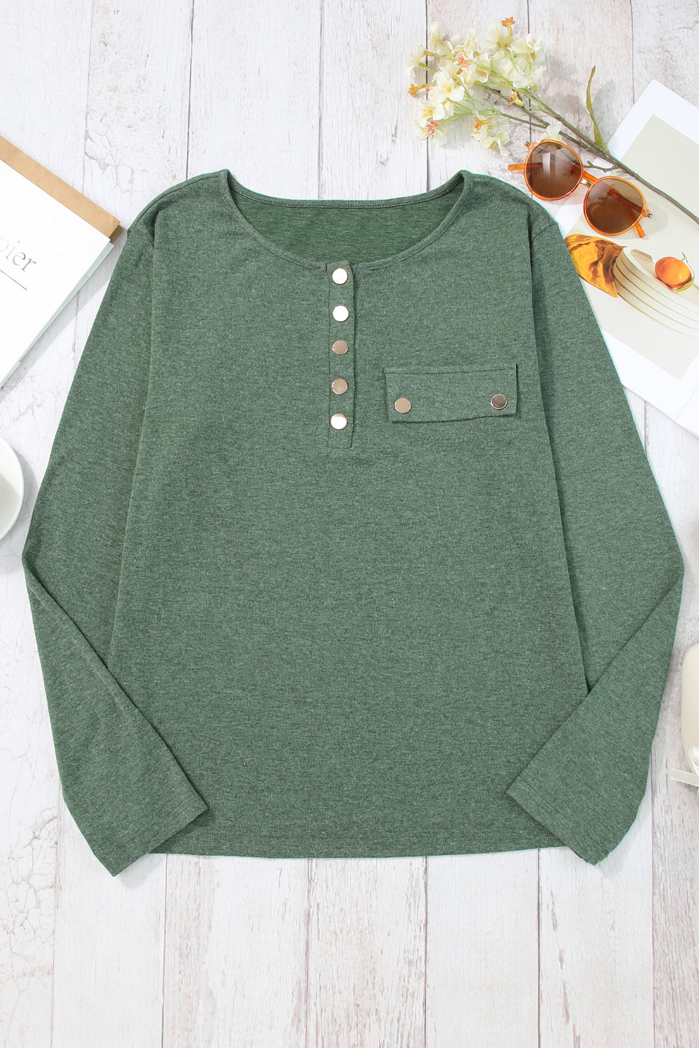 Chestnut Long Sleeve Snap Button Henley Top featuring chic snap buttons and a classic round neck design.