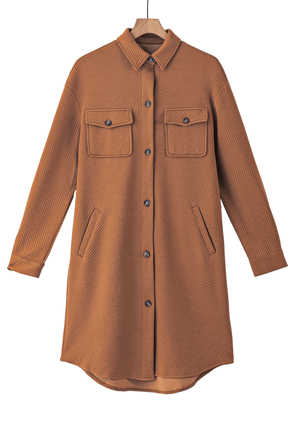 Chestnut solid color textured midi shacket with chest pockets, showcasing its stylish design and unique texture.