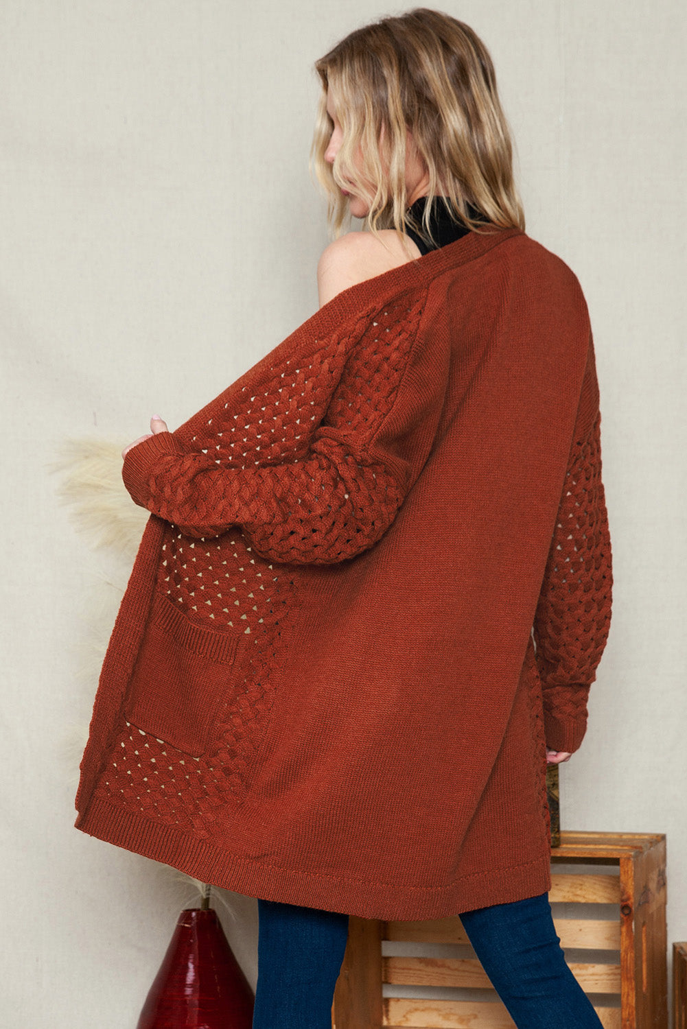 Chestnut Weave Knit Plus Size Cardigan with side pockets, showcasing a stylish design suitable for various outfits.