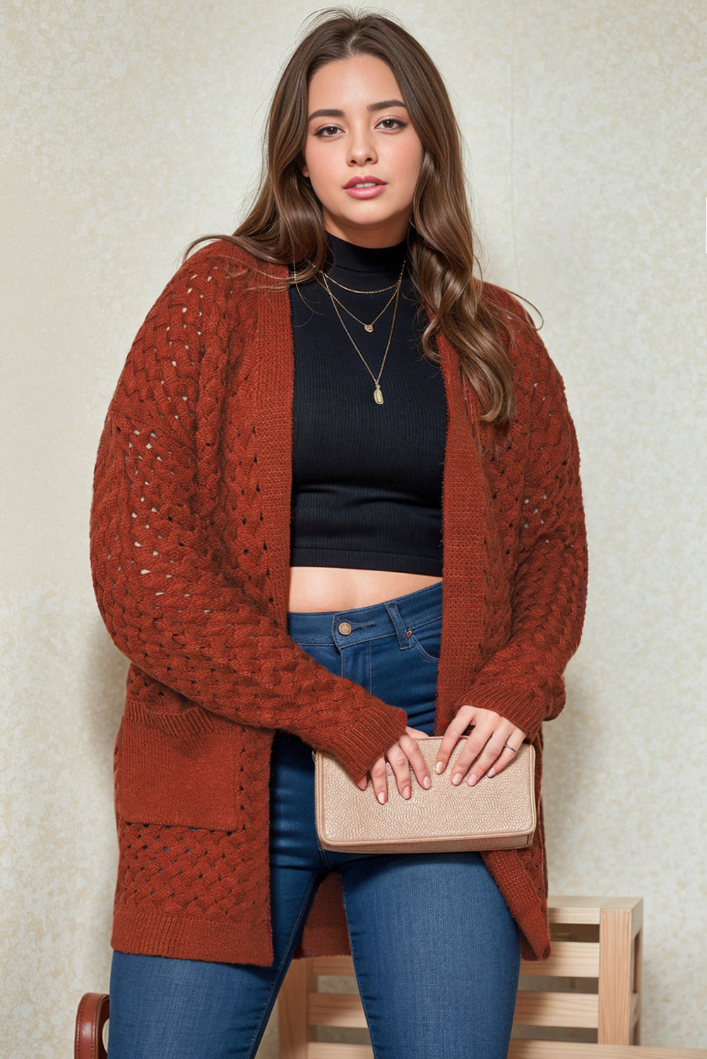 Chestnut Weave Knit Plus Size Cardigan with side pockets, showcasing a stylish design suitable for various outfits.