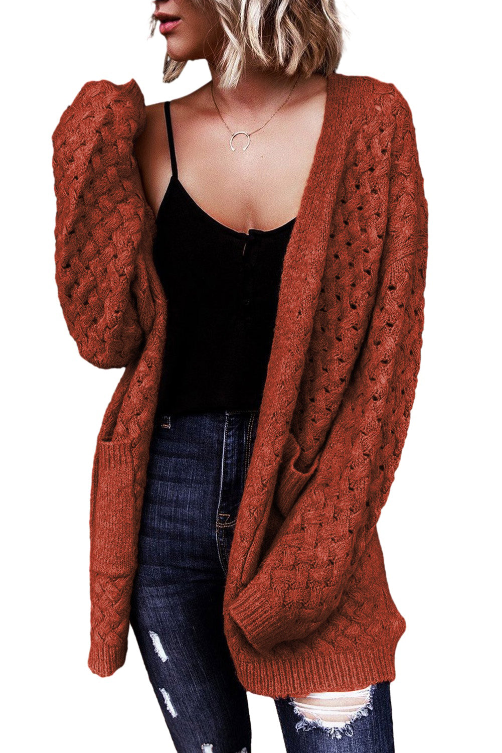 Chestnut Weave Knit Plus Size Cardigan with side pockets, showcasing a stylish design suitable for various outfits.