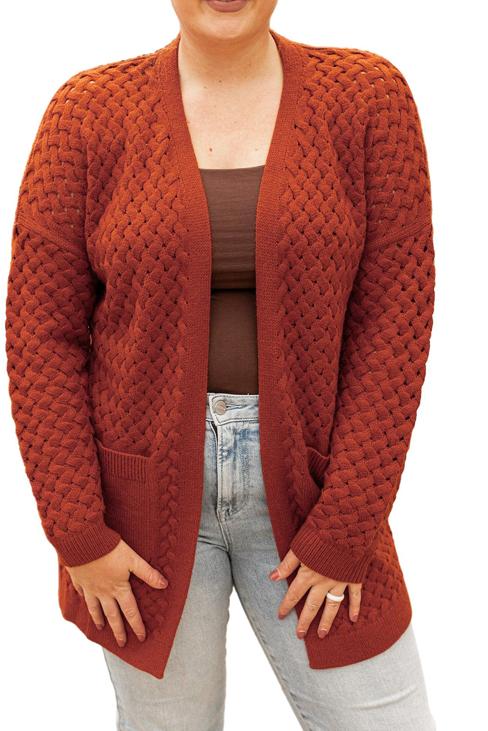 Chestnut Weave Knit Plus Size Cardigan with side pockets, showcasing a stylish design suitable for various outfits.