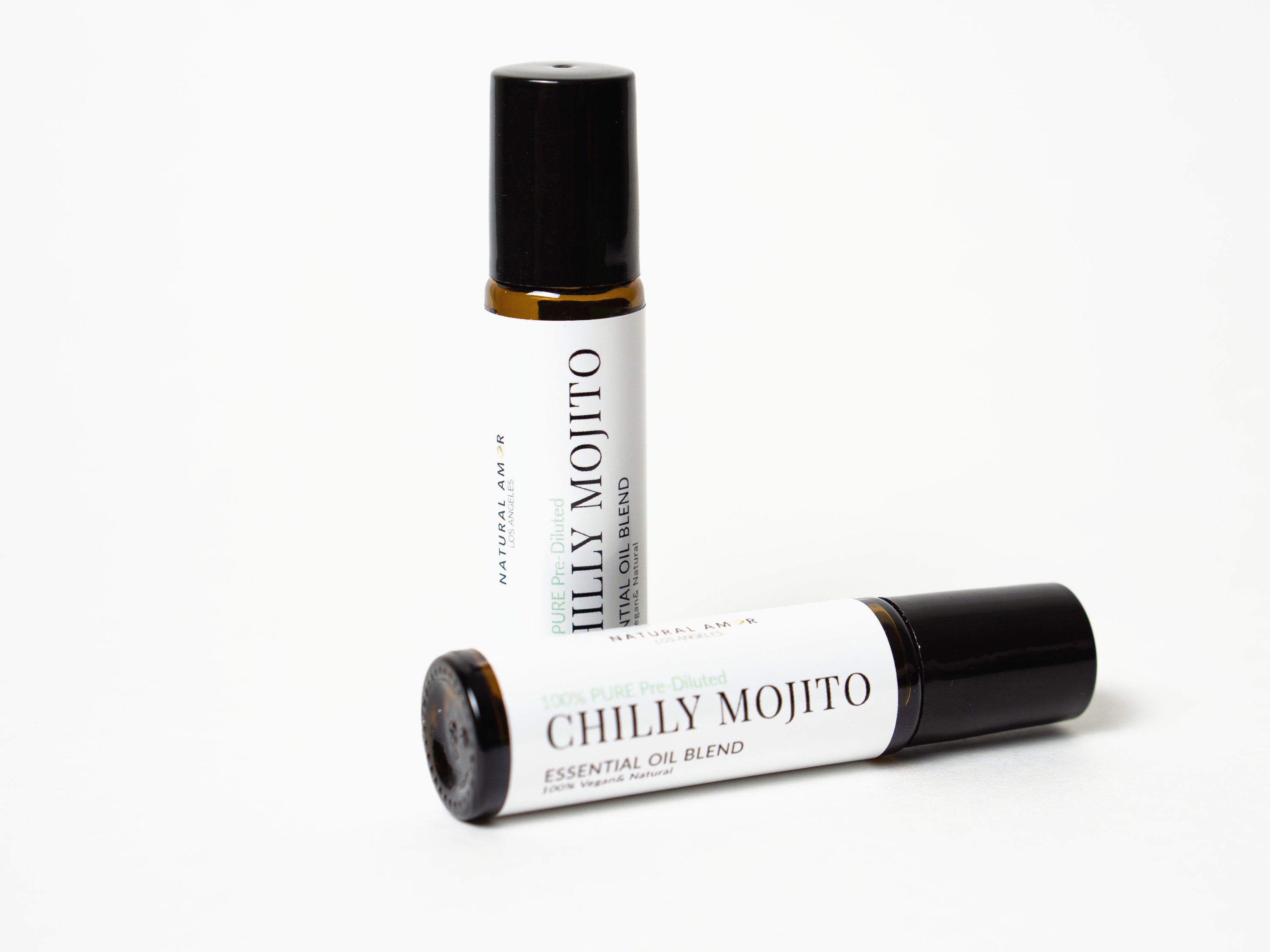 Chilly Mojito Roll On Essential Oil Blend in a 10 mL bottle with a stainless steel rollerball, showcasing its refreshing minty scent.