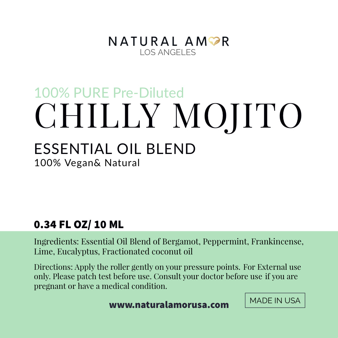 Chilly Mojito Roll On Essential Oil Blend in a 10 mL bottle with a stainless steel rollerball, showcasing its refreshing minty scent.