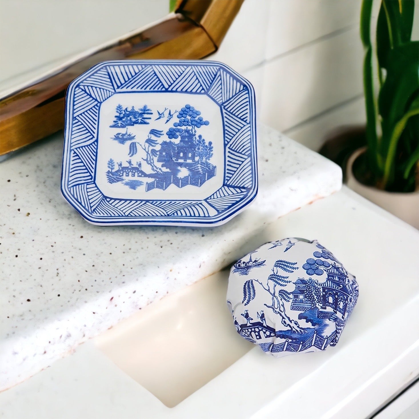 Chinoiserie Soap & Dish Set featuring a sandalwood scented soap on a blue and white porcelain tray, elegantly embossed design.