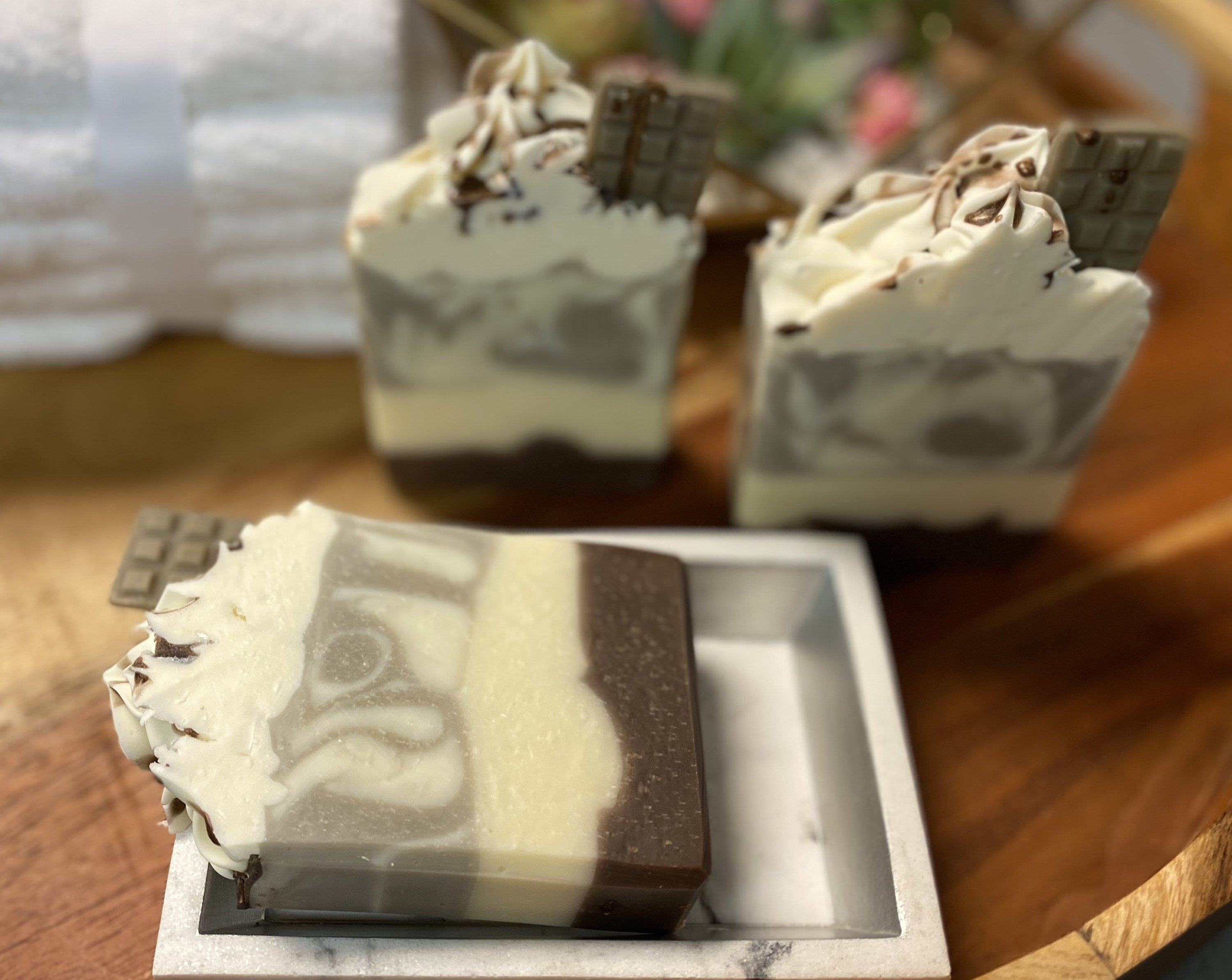 Chocolate Almond Soap Bar with creamy lather and rich scent, handmade with natural ingredients.