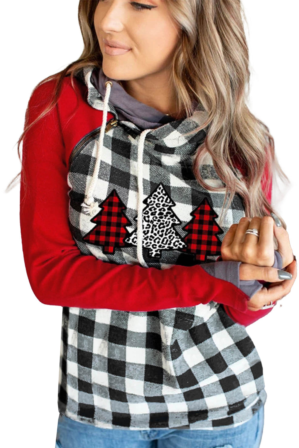 A cozy red plaid asymmetric zip hoodie featuring a Christmas tree print on the chest, perfect for festive occasions.