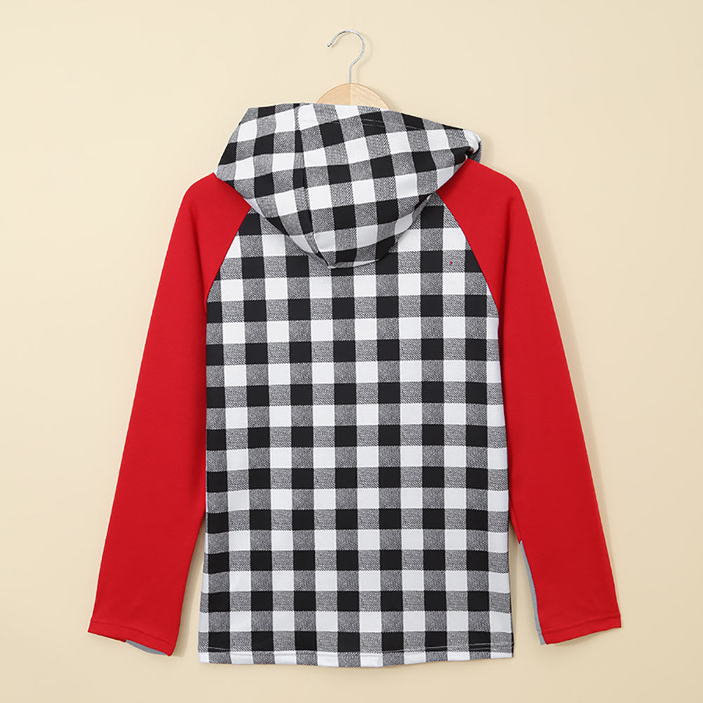 A cozy red plaid asymmetric zip hoodie featuring a Christmas tree print on the chest, perfect for festive occasions.