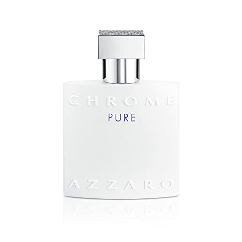 Azzaro Chrome Pure Eau de Toilette bottle with a sleek design and light blue liquid, symbolizing freshness and elegance.