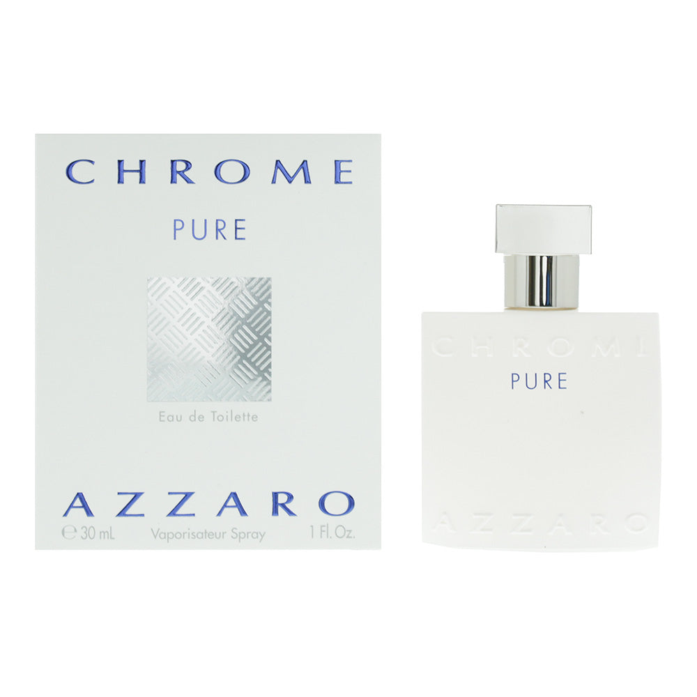 Azzaro Chrome Pure Eau de Toilette bottle with a sleek design and light blue liquid, symbolizing freshness and elegance.