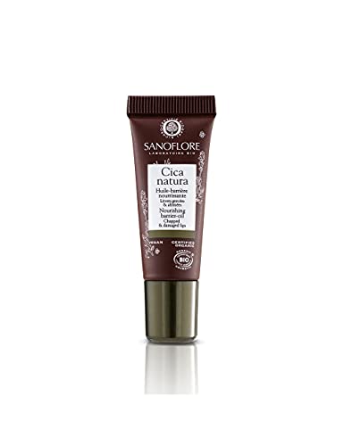 Sanoflore Cica Natura Nourishing Barrier-Oil for Chapped and Damaged Lips in a sleek bottle, showcasing its nourishing formula.