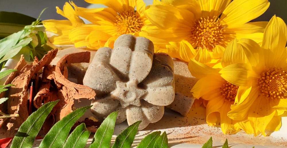 A bar of handmade Cinnamon Bath Soap with a rich brown color, showcasing its organic ingredients and natural texture.