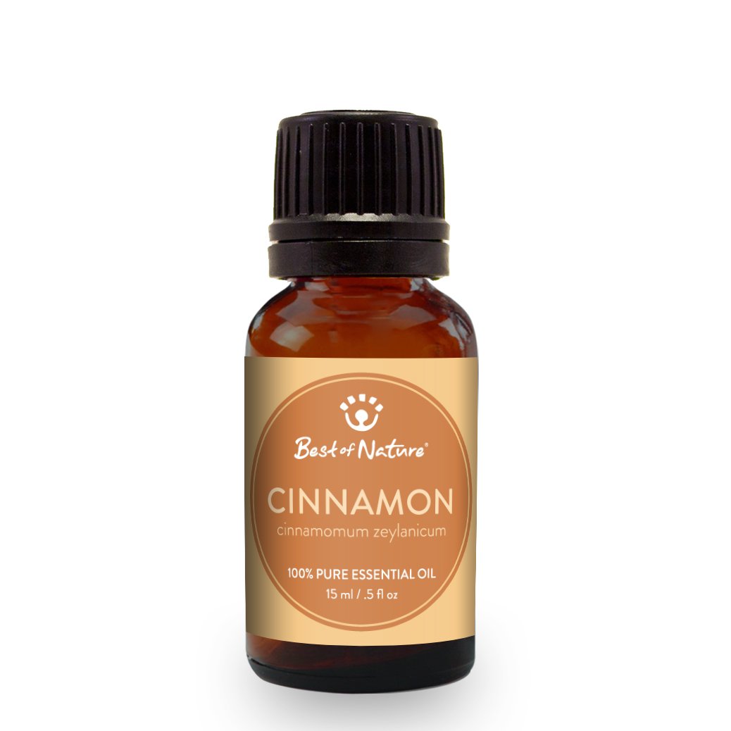 A bottle of 100% pure Cinnamon Leaf Essential Oil with a warm, spicy aroma, surrounded by cinnamon leaves.