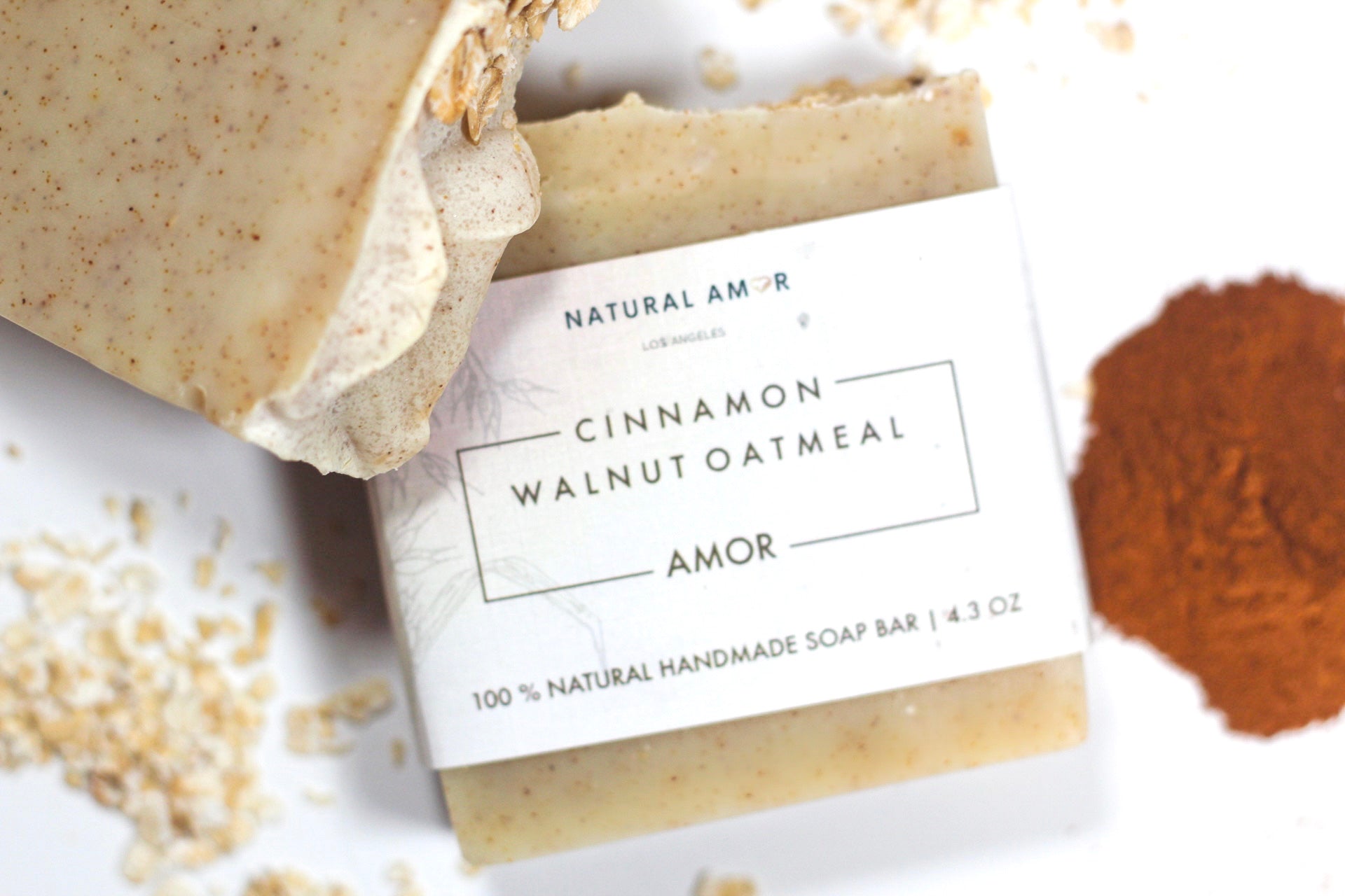 Cinnamon Walnut Oatmeal Soap Bar with natural ingredients, showcasing its rich texture and warm colors.